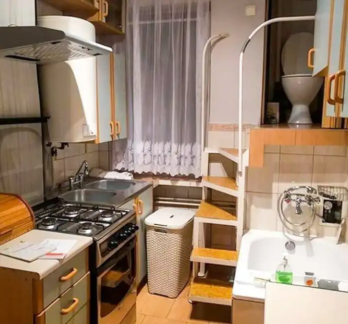 Планировка совмещенной кухни и ванной