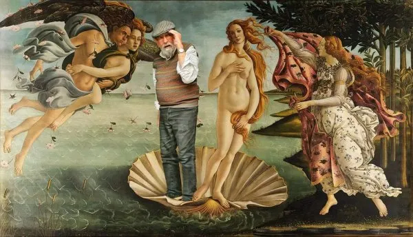 Мужчина помещает своего отца на произведения живописи с помощью фотошопа