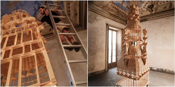 Итальянец делает гигантские фигуры из деревянных блоков
